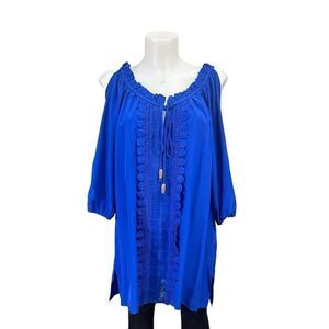 Tracy Reese‎ Blue Cold Shoulder Scoop Neck Tunic Blouse size large 100% Silk